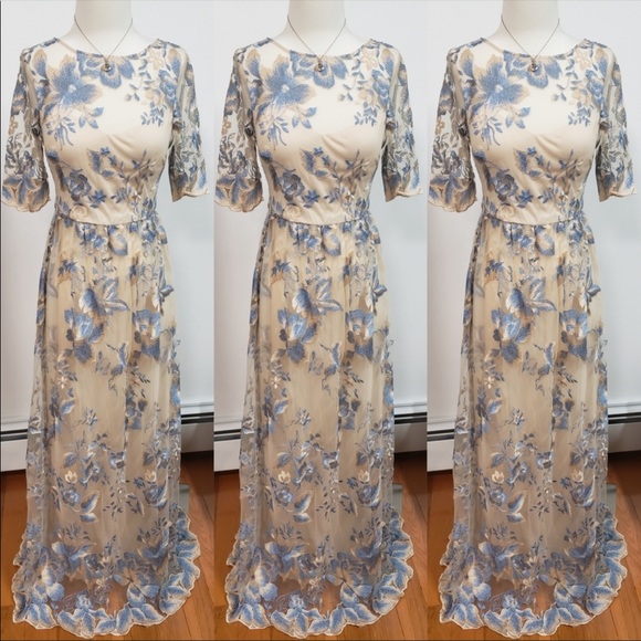 BHLDN Adrianna Papell Guilia thunder cloud elbow sleeves long dress - Picture 7 of 13